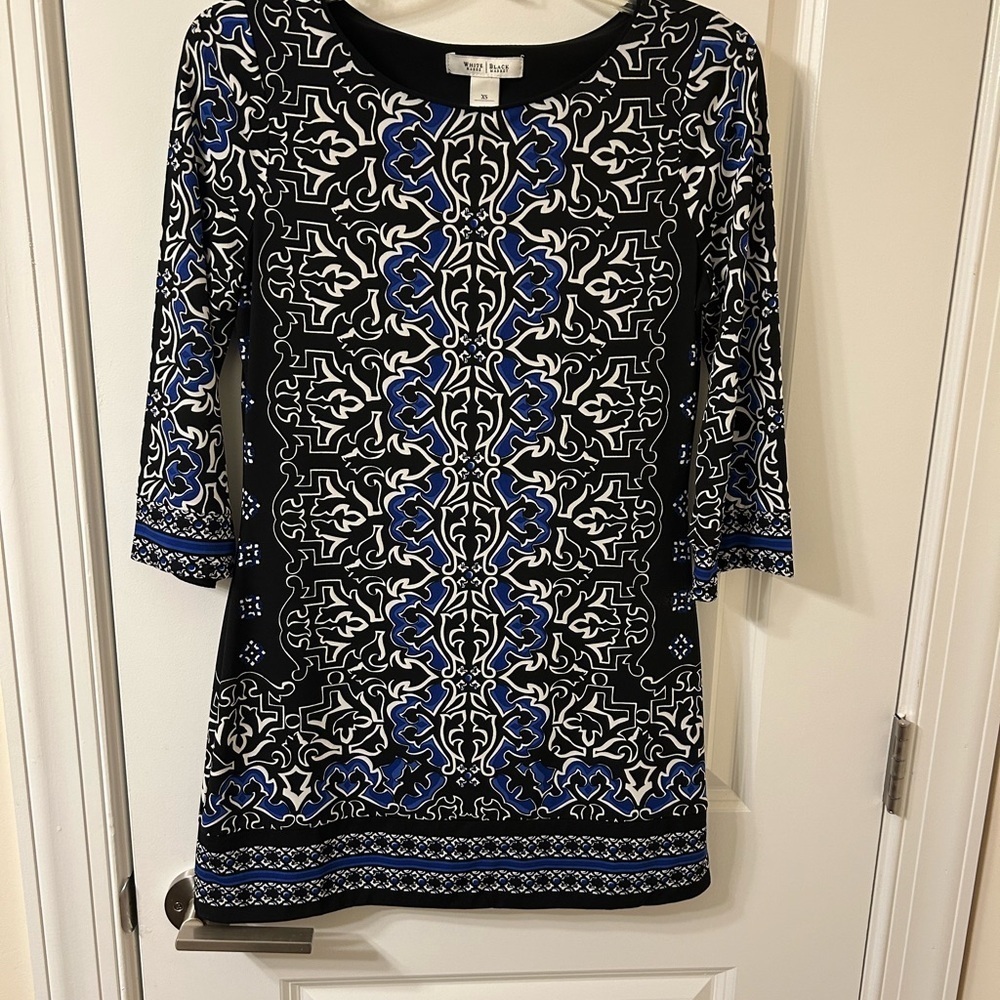 White House Black Market Graphic Black and Blue 3/4 Sleeve Dress
